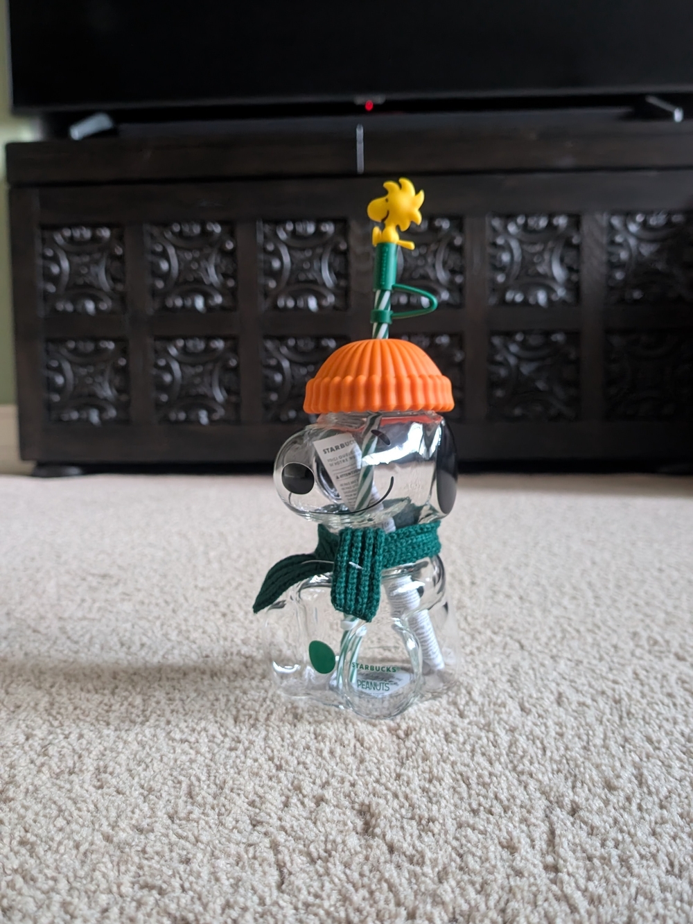 Starbucks Clear Snoopy Glass Cup with Orange Hat and Green Scarf